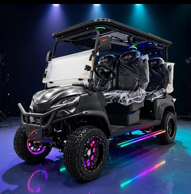 Example photo: golf cart shot from the front corner angle of the driver's side, showing the front and driver's side together